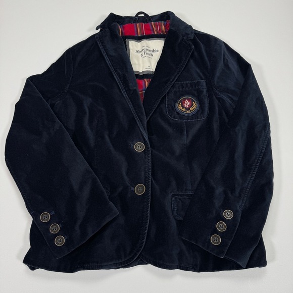 Abercrombie & Fitch Jackets & Blazers - Abercrombie & Fitch Velvet Blazer Womens M Blue Crest Patch Preppy Plaid Lined